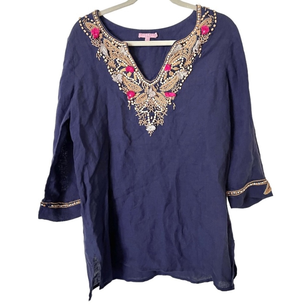 Calypso St. Barth Navy Blue Linen Wood Beaded Embroidered Tunic‎ Top s